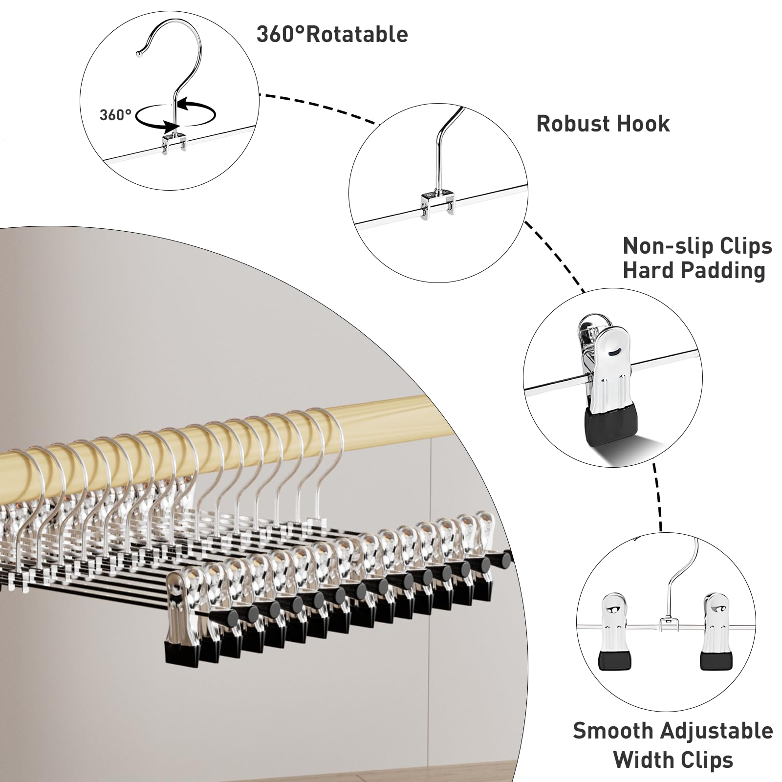 Pants Hanger, IDMAX Trouser Hangers 20 Pcs Space Saving Skirt Hangers with Clips Pant Hangers Adjustable Non-Slip Coat Suit Skirt Hangers Heavy Duty Chrome Clothes Hangers Clothes Hook