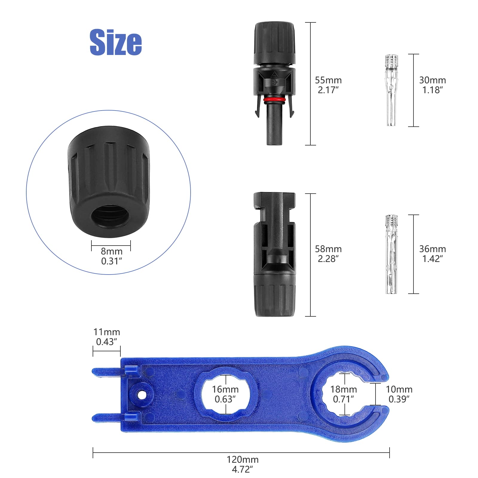 PRECIHW Solar Connectors, 12 Pairs MC4 Connectors, Solar Panel Connectors, IP67 1000V 30A Waterproof Male/Female Solar Panel Cable Connectors (12 Pairs Connectors for 2.5/4/6mm² with 2 Pack Wrenches)