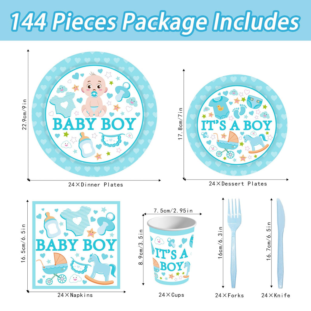 Poqirzan 144PCS Gender Reveal Party Supplies Baby Shower Plates and Napkins Tableware Sets for Boy Baby Shower Party Decorations Including Paper Cartoon Plates Napkins Cups Forks Serve 24