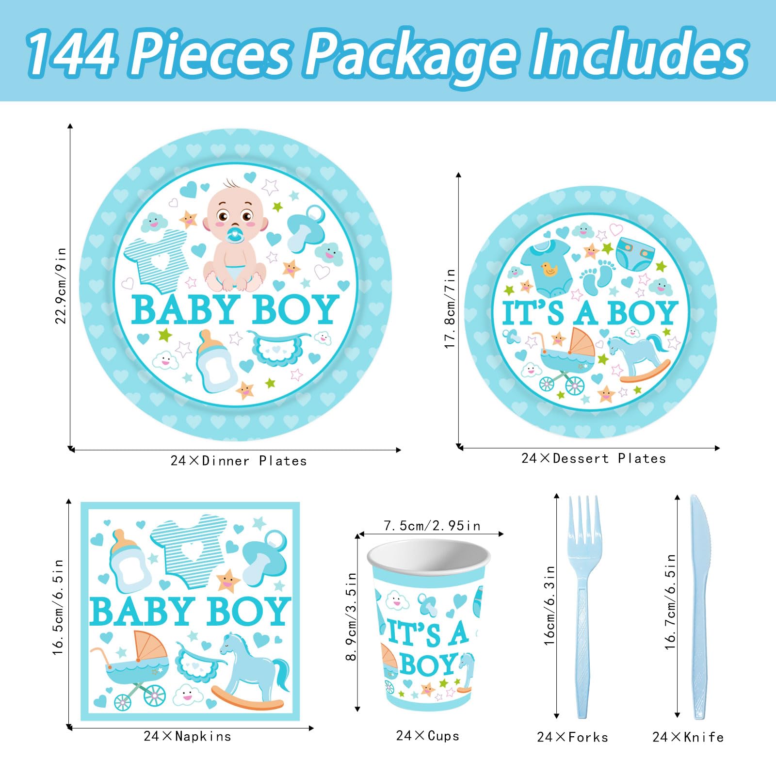 Poqirzan 144PCS Gender Reveal Party Supplies Baby Shower Plates and Napkins Tableware Sets for Boy Baby Shower Party Decorations Including Paper Cartoon Plates Napkins Cups Forks Serve 24