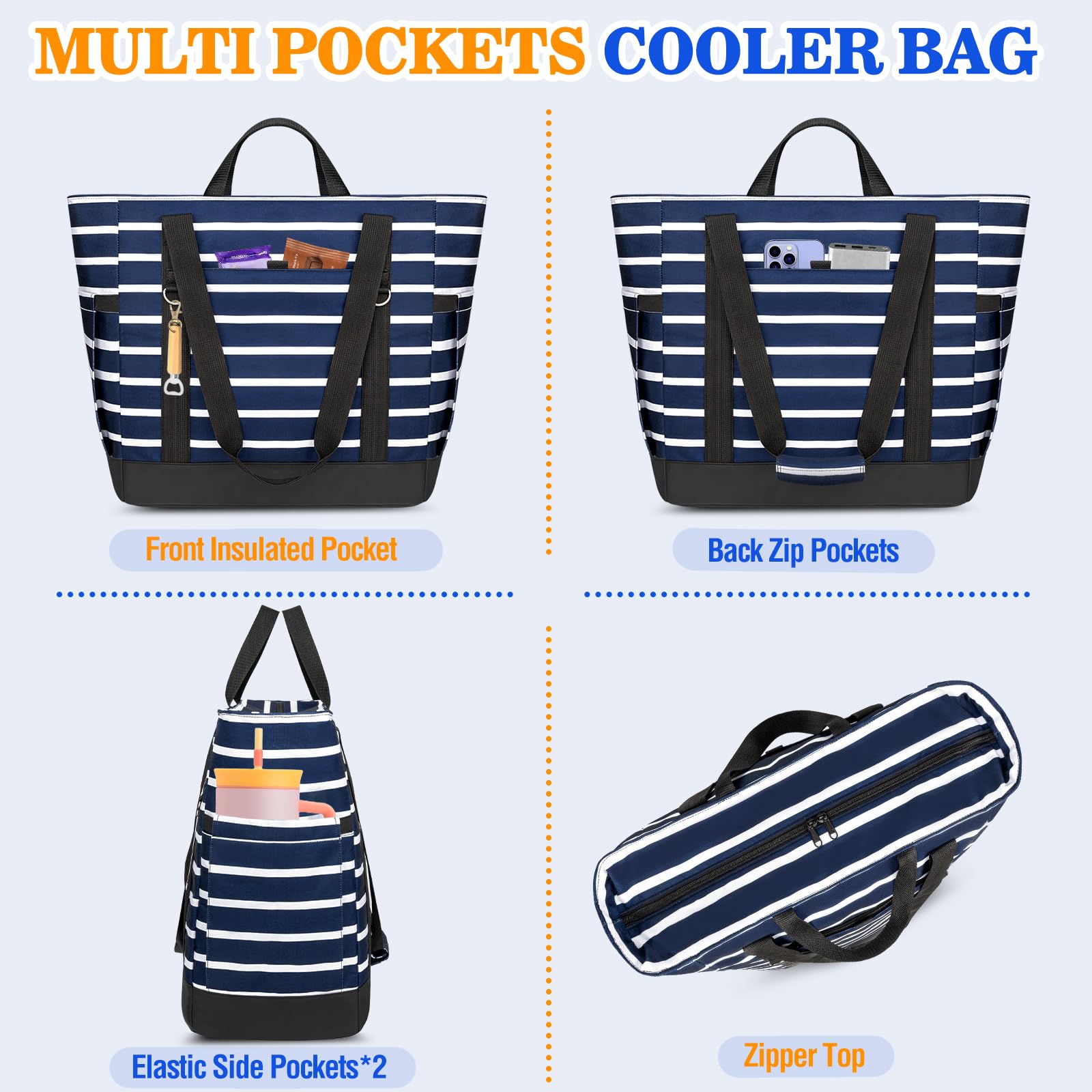 HUANLANG Soft Cooler Bag Insulated for Travel,Large Insulated Grocery Bags with Zippered Top,PEVA Collapsible Insulated Food Delivery Bag for Beach, Travel, Picnics