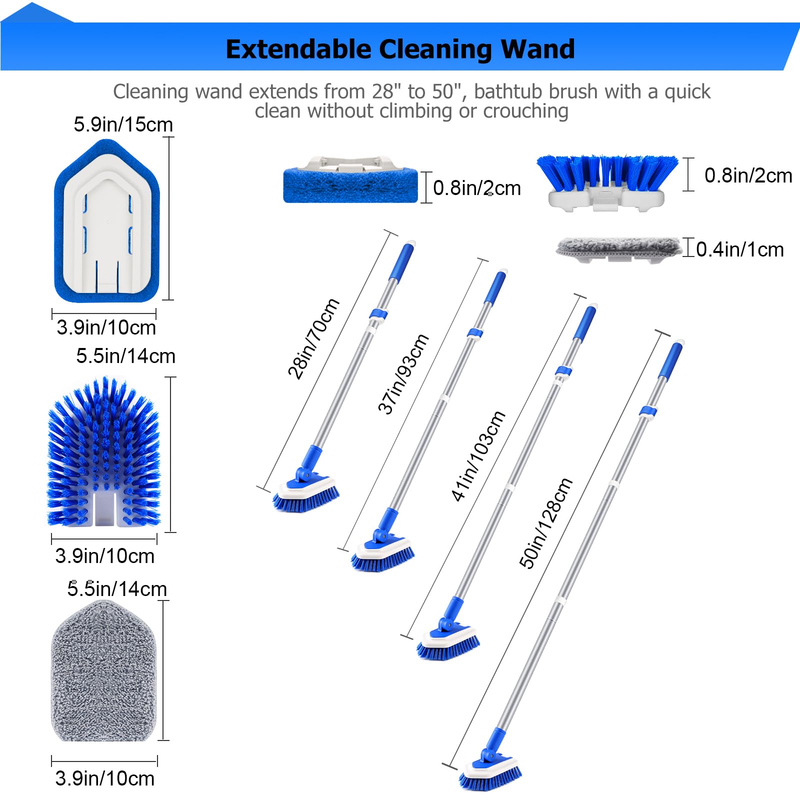 Lalafancy Shower Cleaning Brush with Locking Head, 3 in 1 Tub Tile Scrubber Brush with 50'' Extendable Long Handle Stiff Bristles Scouring Pads Microfiber for Cleaning Bathtub Shower Wall Bathroom