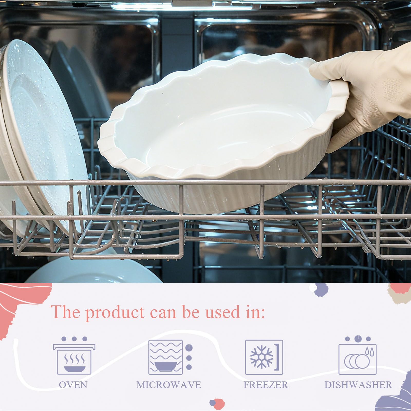 Miicol White Ceramic Pie Pan, 50 oz / 1500 ml Ripple Edge Deep Baking Dish, 9 Inch / 22 cm Round Ceramic Pie Plate, Suitable for Quiche, Apple Pie, Meat Pie, Ideal Gift for Baking Lovers