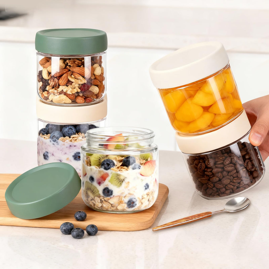 Wide Mouth Mason Jars,4 Pack 10oz Glass Overnight Oats Jar,Reusable Small Glass Jar Overnight Oats Containers with Lids for Fruit, Salad Dressing, Sauce,Cereal,Pasta,Sugar,Beans(300ml)