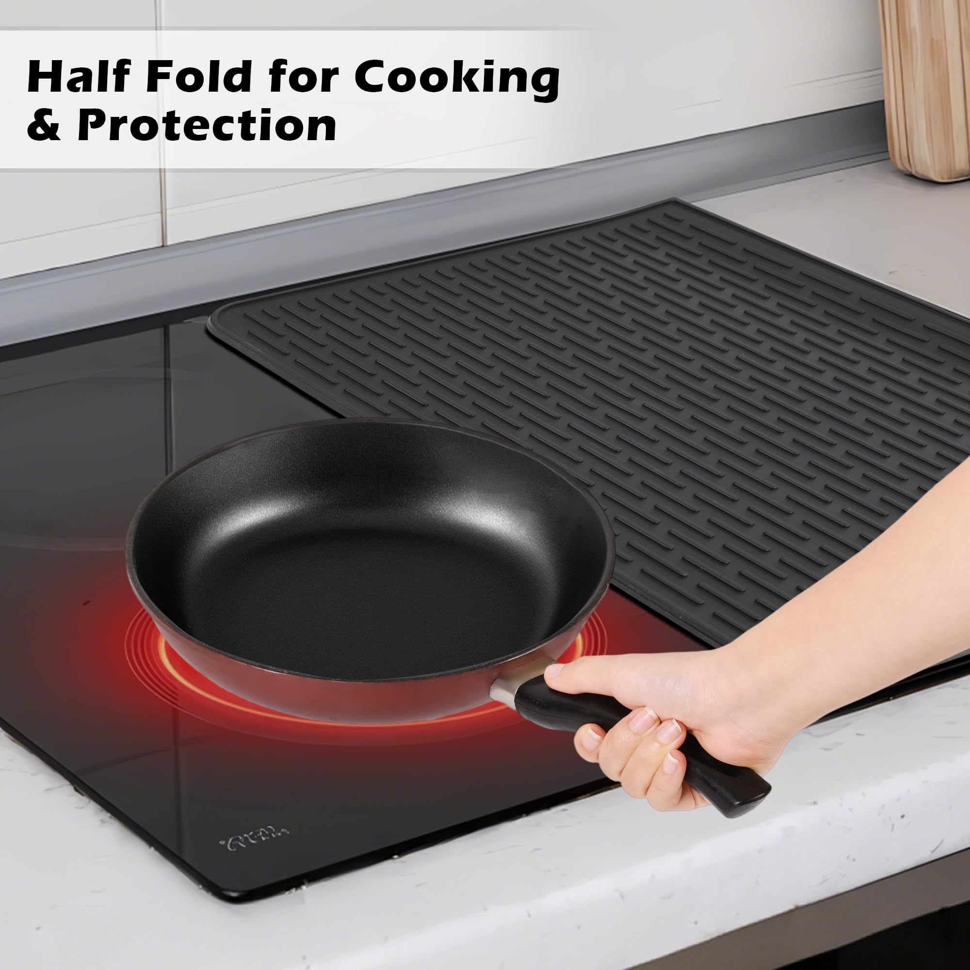 Thick Foldable Silicone Stove Top Cover – 50 × 71 cm (20 × 28 in) Stove Top Covers for Electric Stove, Induction Cooktop Protector, Glass Top Stove Cover, RV Stove Top Cover & Dish Drying Mat (Black)