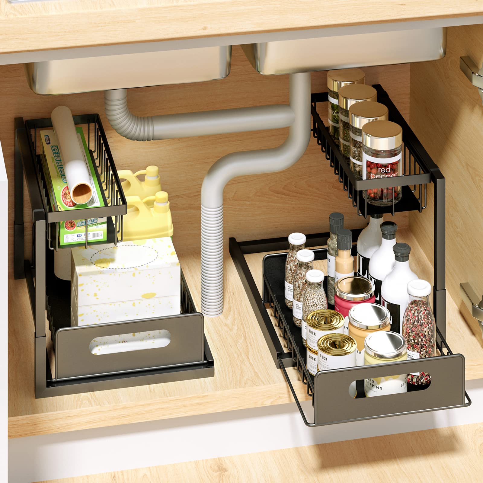 Under Sink Organizer and Storage, 2 Tier Rustproof Under Cabinet Storage, Sliding Kitchen Sink Organizer for Kitchen Bathroom