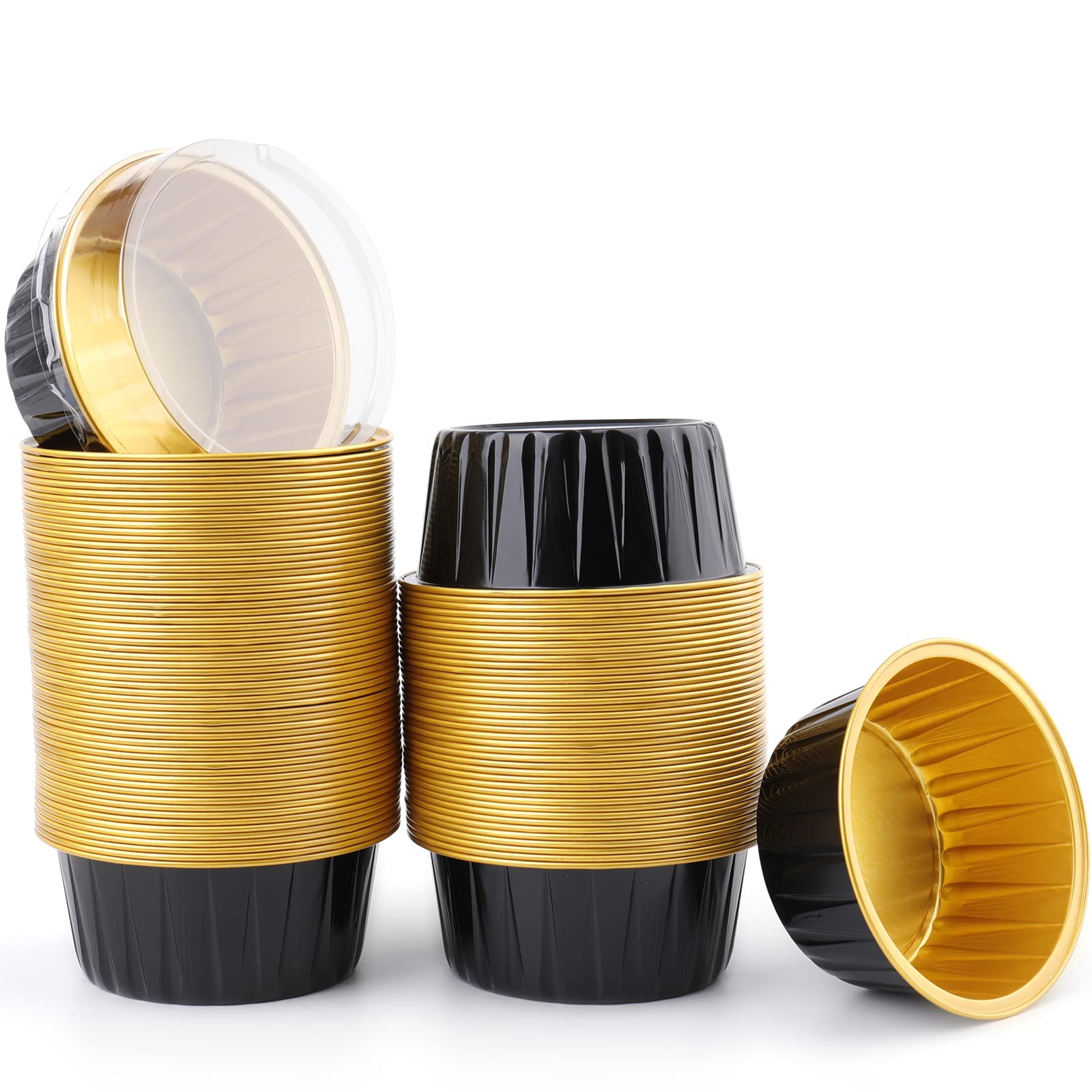 DEAYOU 100 Pieces Aluminum Foil Baking Cups with Lids, 5oz Disposable Ramekins Muffin Cups, 3" Cupcake Foil Liners Tart Pie Tin Pan Holder for Pudding, Souffle, Party, Wedding, Black Gold Color