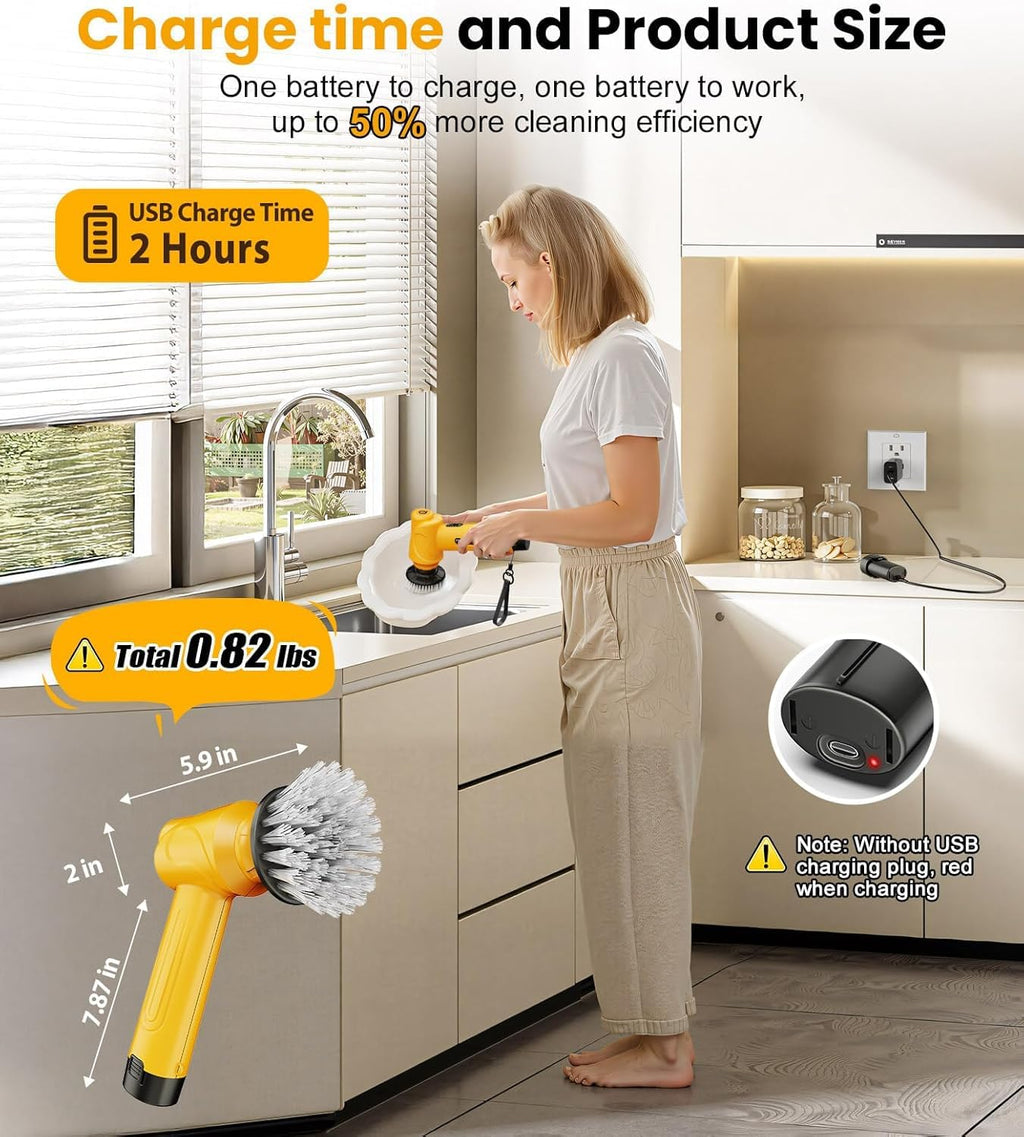 Qimedo Electric Spin Scrubber, 5000mAh Power Handheld Scrubber with 2 Replaceable Batteries & 5 Heads, Household Cordless Cleaning Brush with Display for Kitchen, Sink, Dish, Window & Grout
