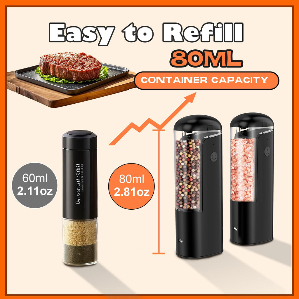 Rechargeable Salt and Pepper Grinder Set - Automatic Electric Salt and Pepper Mill with Type-C Charging Cable, White Light, Adjustable Coarseness, One Hand Operation, Black, 2 Pack