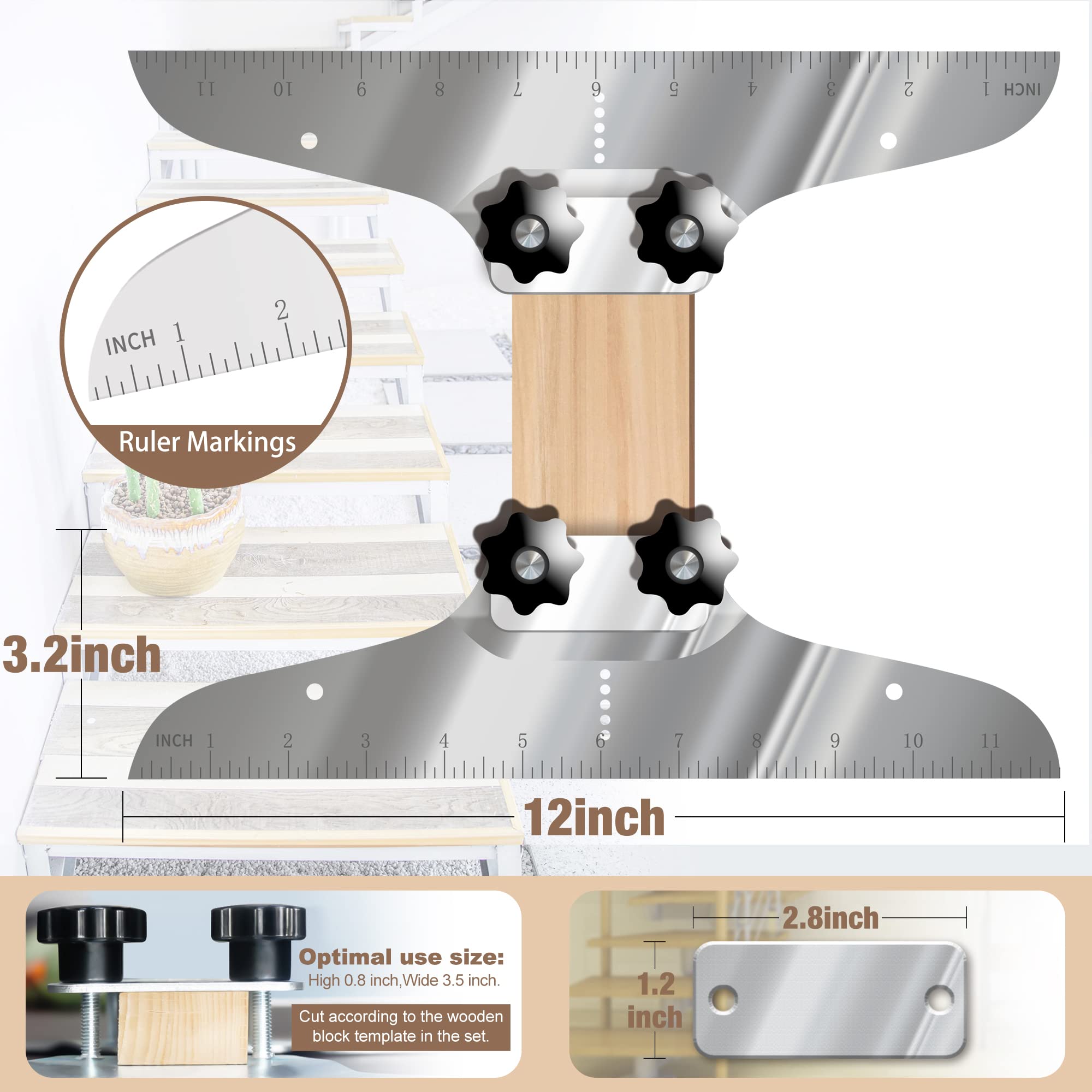 Stair Tread Template Tool, NAACOO Stair Measuring Tool, Tread Jig Set - with Level & Tape Measure & Carpenter Pencil, Suitable for Risers and Partitions.