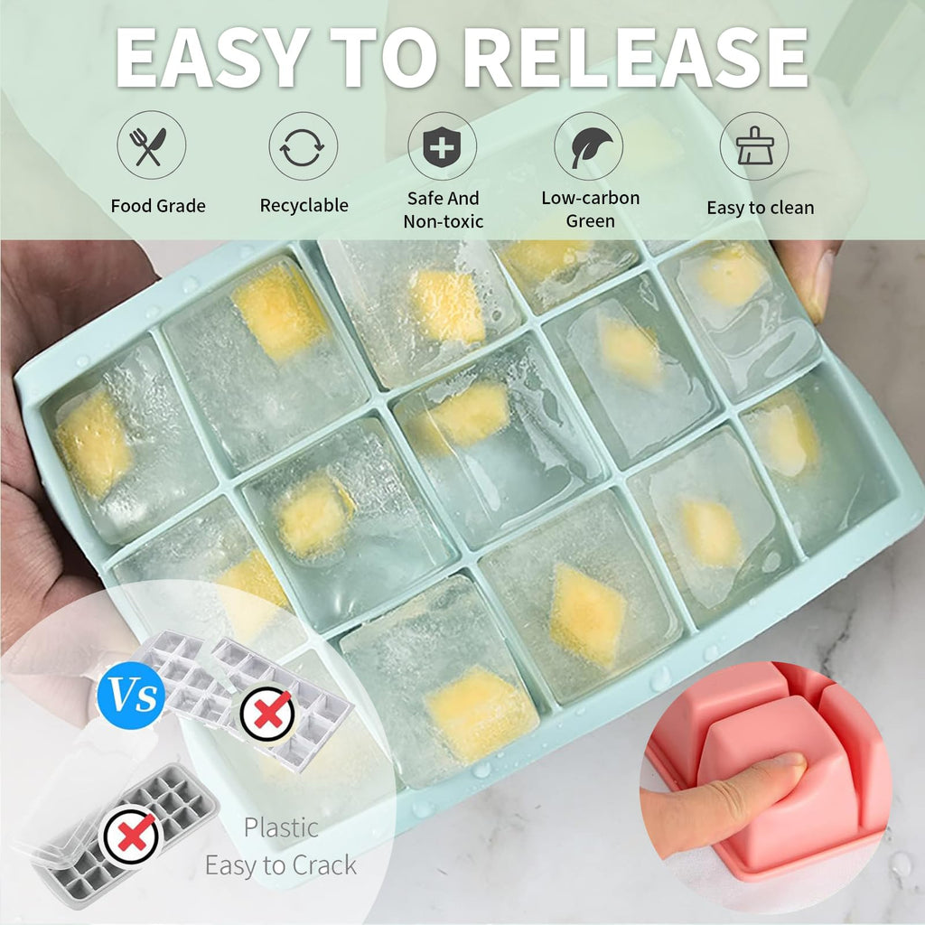 KGYMJR 3Pcs Silicone Ice Cube Tray, Square Ice Cube Tray with Lid, Reusable Ice Cube Molds for DIY Cold Drinks. (Small ice Cubes, Count, 15)