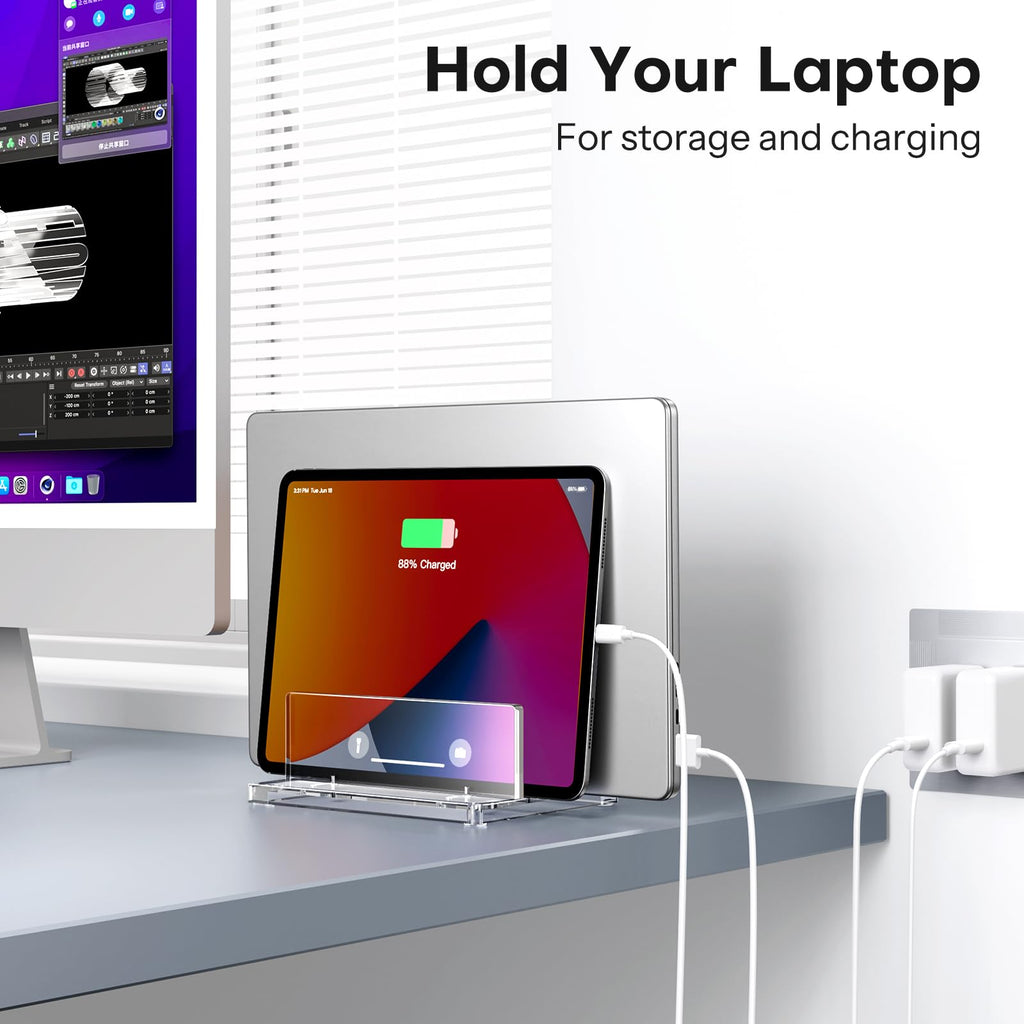 Vertical Laptop Stand for Desk, OMOTON Acrylic Dual Laptop Holder Desktop Clear Adjustable Dock for MacBook Pro Air, HP, All Gaming Laptops up to 17” (Clear)