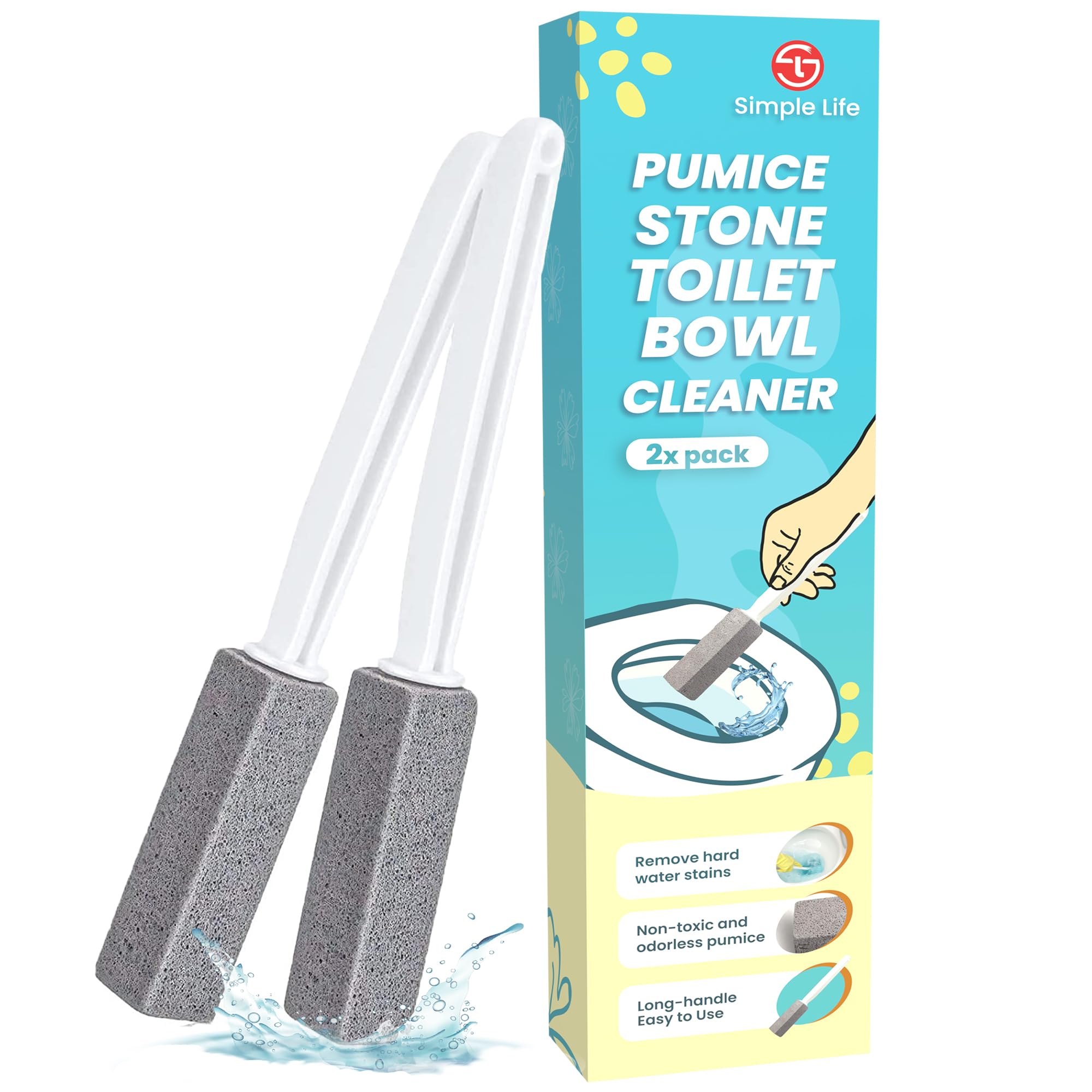 Simple Life Pumice Stone Toilet Bowl Cleaner with Extra Long Handle - Scouring Stick for Limescale, Mildew, and Hard Water Stains on Toilets, Grills, Tiles, Grout, and Pools (2 Count)