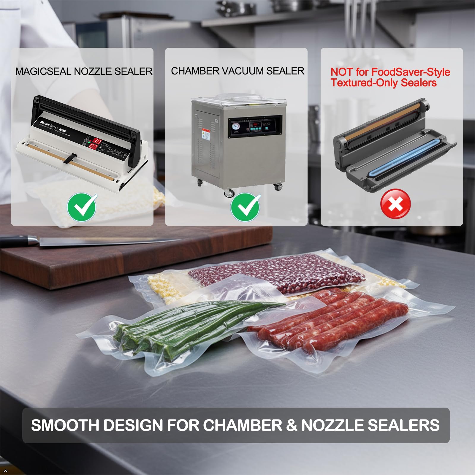MAGIC SEAL Chamber Vacuum Sealer bags, 100 Quart 8" x 12" Vacuum Chamber Pouches for Food Storage & Sous Vide, BPA Free, Smooth/Non-Textured Bags, Not Compatible with FoodSaver-Type Sealers