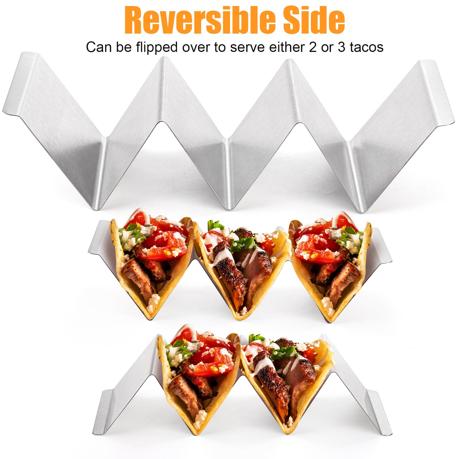 Bekith Stainless Steel Taco Holder Stand 6 Pack, Taco Holder Stand Tray with Handles, Up to 3 Tacos Each Keeping Shells Upright, Stylish Taco Shell Holders, Oven, Grill and Dishwasher Safe