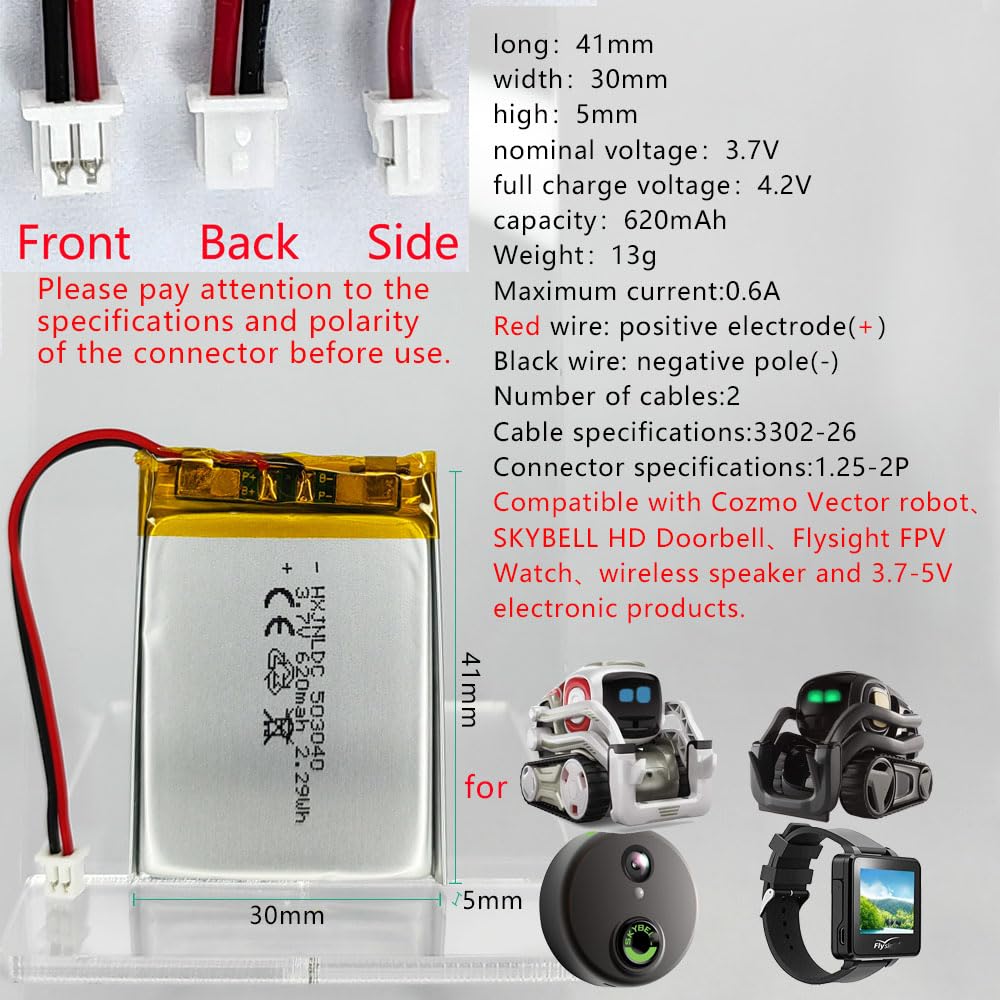 DC 3.7V 620mAh 503040 Rechargeable Lithium Polymer Battery for Cozmo Vector Robot SkyBell HD WiFi Video Doorbell Flysight FPV Watch Wireless Speaker Battery Replacement