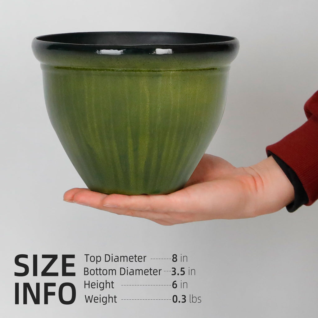 Worth Garden 8-Inch Dia. Round Green Plastic Planters with Drain Holes, 5.9-Inch Height - 2-Pack Glossy Finish Bell-Shaped Plant Pot – Lightweight Indoor/Outdoor Flower Pots