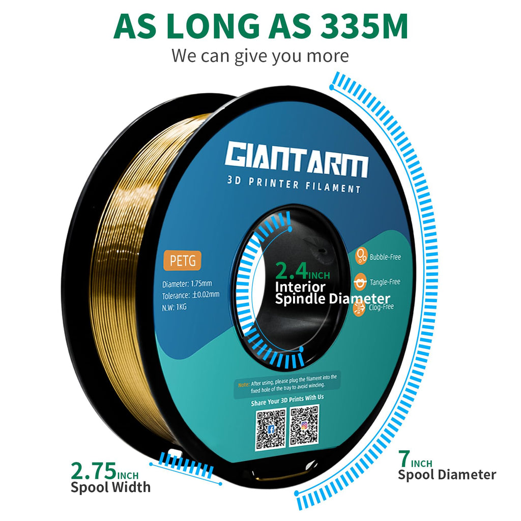 GIANTARM PETG 3D Printer Filament 1.75mm Metal Copper, Dimensional Accuracy +/-0.03mm, 1kg (2.2lbs), 1080 Feet （330m） Per Roll, Vacuum Packaging, Toughness Enhanced, Fit for Most 3D FDM Printer