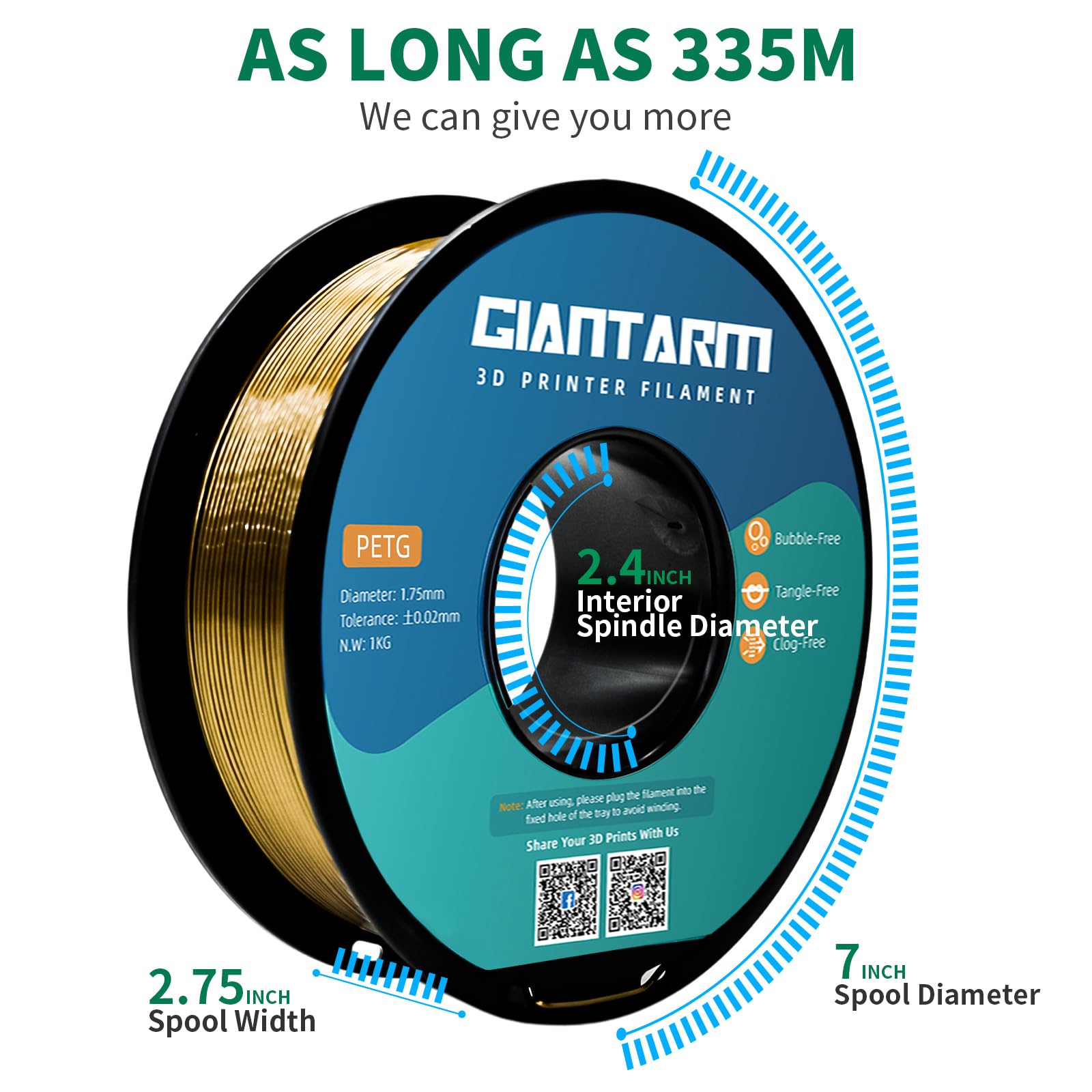 GIANTARM PETG 3D Printer Filament 1.75mm Metal Copper, Dimensional Accuracy +/-0.03mm, 1kg (2.2lbs), 1080 Feet （330m） Per Roll, Vacuum Packaging, Toughness Enhanced, Fit for Most 3D FDM Printer