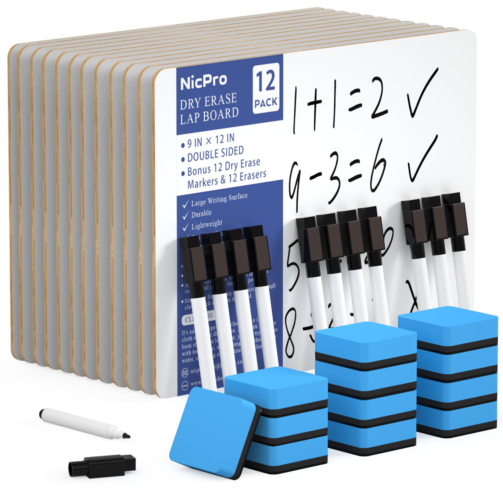 Nicpro 12 Pack Dry Erase Mini Whiteboard A4, 9 x 12 Double Sided Lapboard Bulk with 12 Pens,12 Erasers Learning Small White Board Portable Drawing Writing for Student and Classroom Use