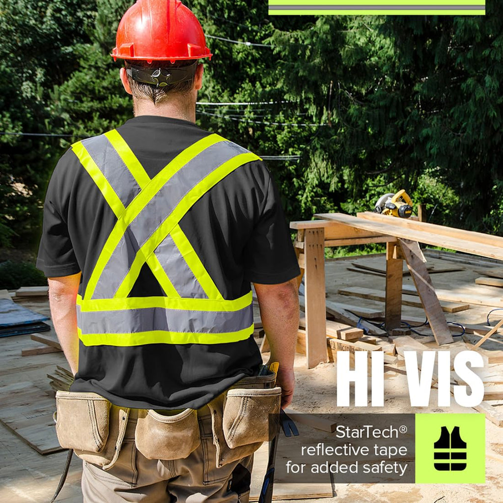 Pioneer Hi Vis Safety Shirt - Lightweight Moisture-Wicking Work T-Shirt With Reflective Tape - Class 1 - Black