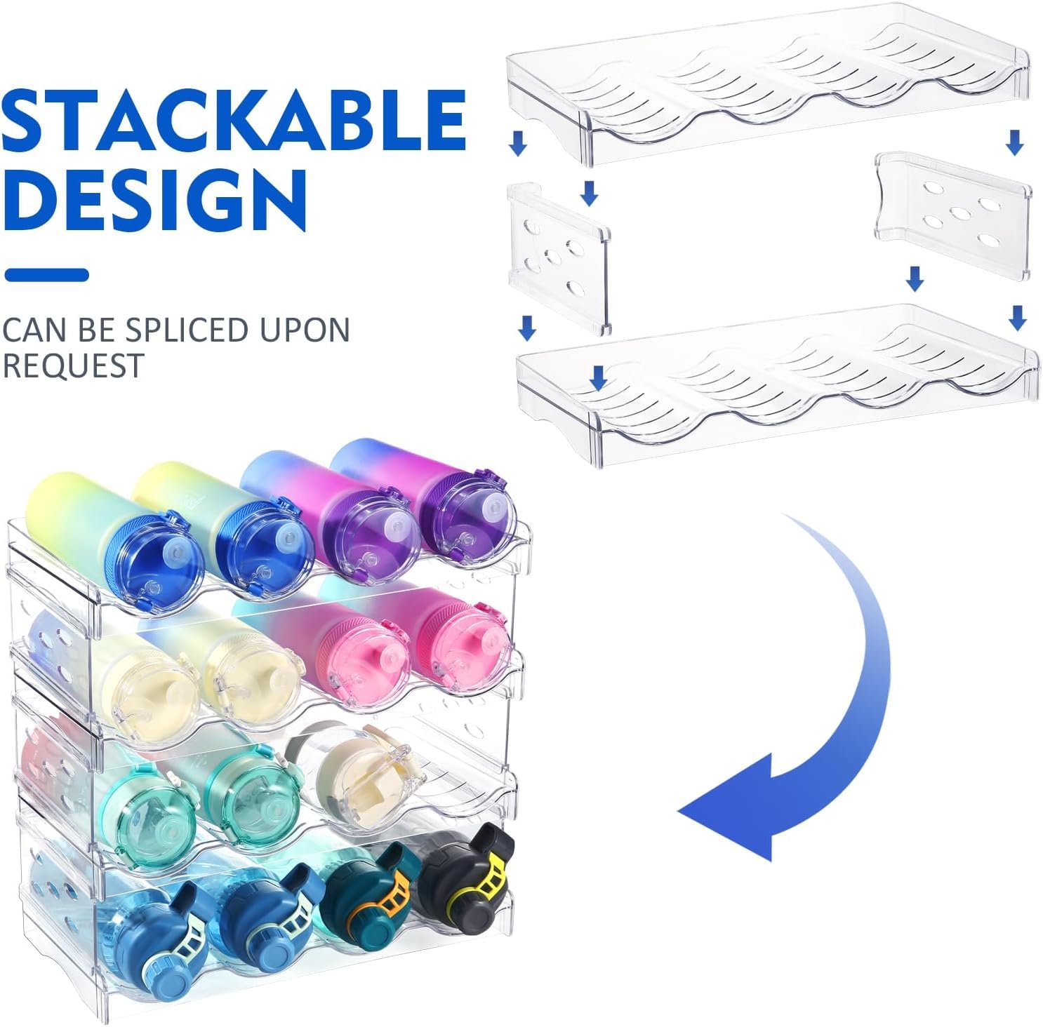 4 Pack Plastic Water Bottle Organizer Rack, Stackable Storage Holder Rack - Water, Wine, and Drink Organizer Shelf for Kitchen Countertop, Cabinet, Pantry, Fridge, Freezer