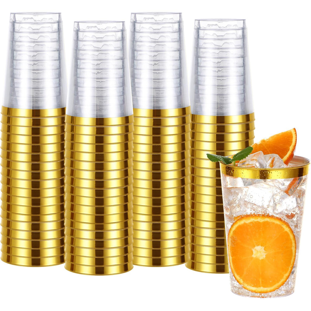 60PCS 12oz Plastic Cups with Gold Rim, Clear Plastic Cups, Heavy-Duty Disposable Hard Plastic Glasses, Party Cups for Wedding Birthday Party Bridal Showers Christmas Picnic