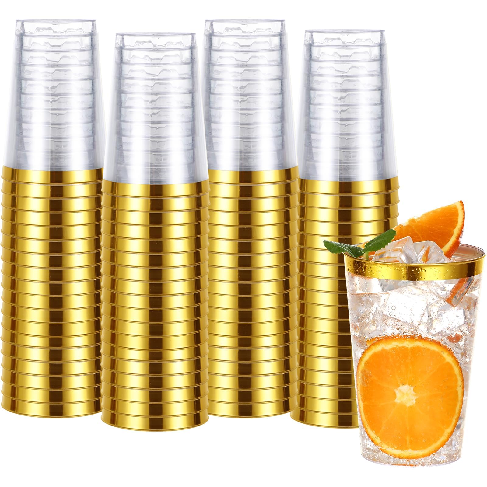 60PCS 12oz Plastic Cups with Gold Rim, Clear Plastic Cups, Heavy-Duty Disposable Hard Plastic Glasses, Party Cups for Wedding Birthday Party Bridal Showers Christmas Picnic