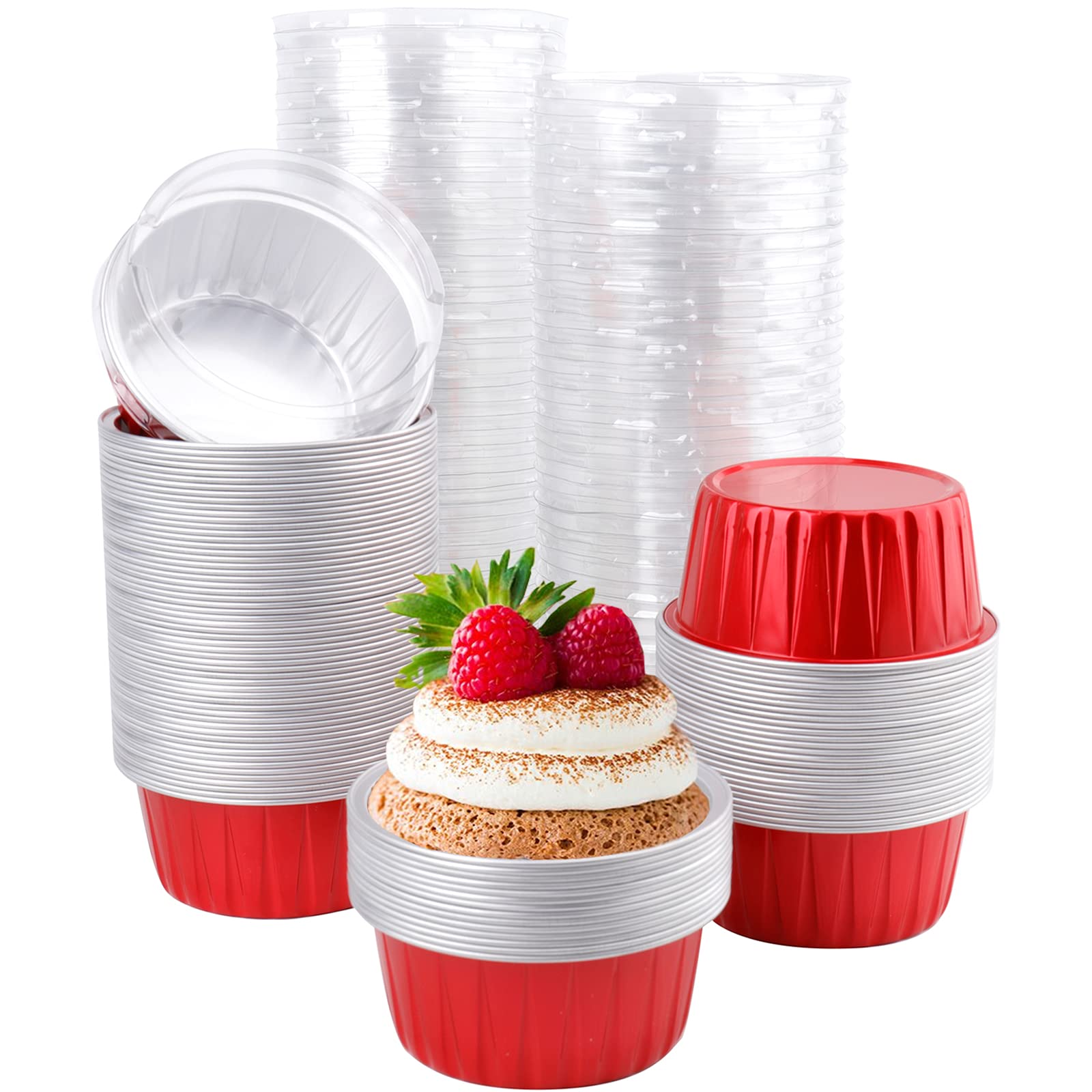 DEAYOU 100 Pieces Aluminum Foil Baking Cups with Lids, 5oz Disposable Ramekins Muffin Cups, 3" Cupcake Foil Liners Tart Pie Tin Pan Holder for Pudding, Souffle, Party, Wedding, Red Color