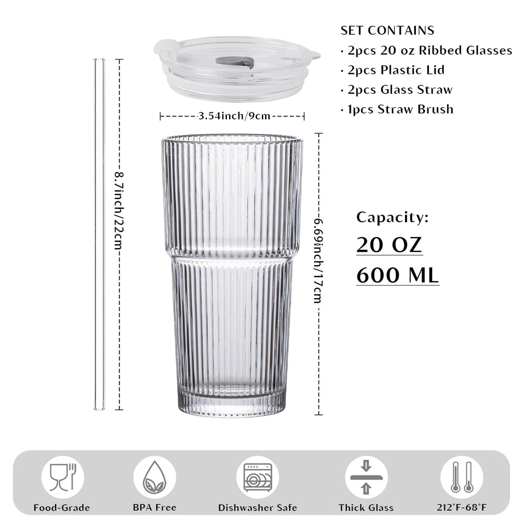 20 oz Ribbed Glass Tumblers with Lids and Glass Straws – 2-Piece Glassware Set, Heavy-Duty Tumblers, Ideal for Iced Coffee, Smoothies, Cocktails, and Juices – Elegant and Durable Drinkware