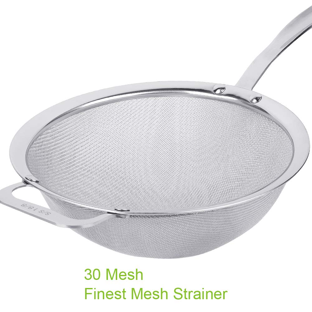 Stainless Steel 18/8 Mesh Strainer, 30 Mesh Extra Fine Quinoa Sieve, with Solid Sturdy Handle, 9" Large Flour Filter with Wider Hook