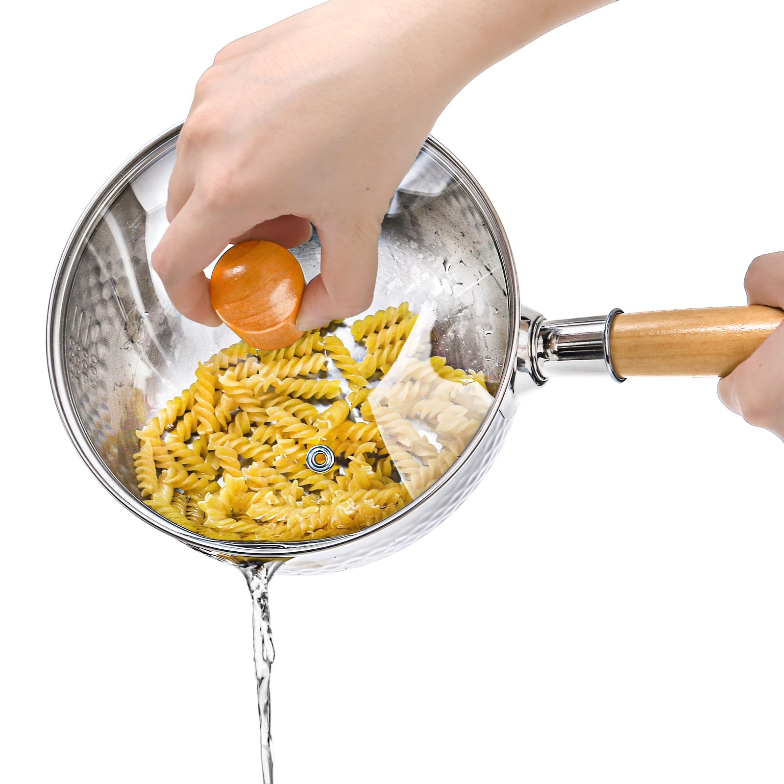 DEAYOU Stainless Steel Saucepan with Steamer, 1.2 Quart Yukihira Sauce Pan with Lid, Traditional Japanese Small Cooking Pot with Wood Handle and Two Side Spouts for Milk, Ramen, Soup, Tempura, 7"