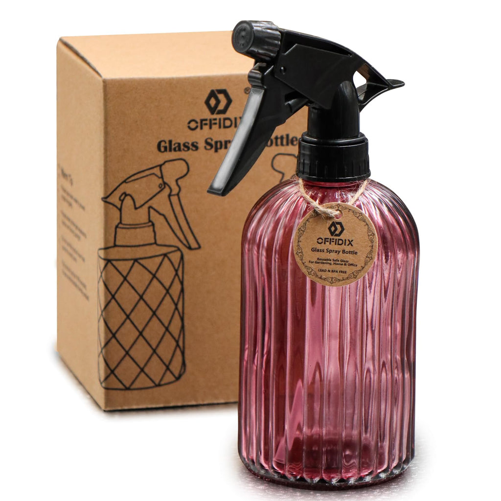 OFFIDIX Glass Spray Bottle, Pressure Watering Can, Indoor Plant Mister, Adjustable Nozzle, 0.4L/13.5oz Handheld Spray Bottle for Garden Plants Cleaning Solutions (Amaranth)