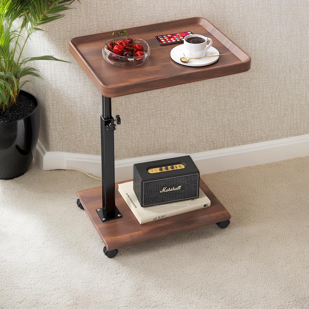 Premium Adjustable C-Shaped TV Tray Sofa Side Table with Wheels – Couch Tray for Snacks, Food, TV, Bed, Bathroom, or Study Use (Brown)