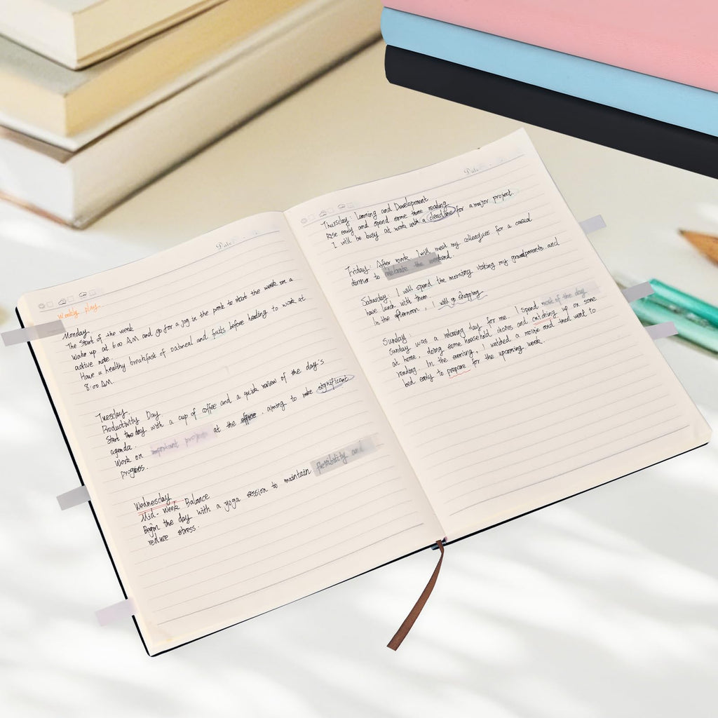 UIRIO A4 Wide Ruled Notebook, 8 x 11.5 in, Faux Leather Softcover, 200 Sheets / 400 Pages – Large Lined Writing Notebook for Work, Meetings & Notes (Black)