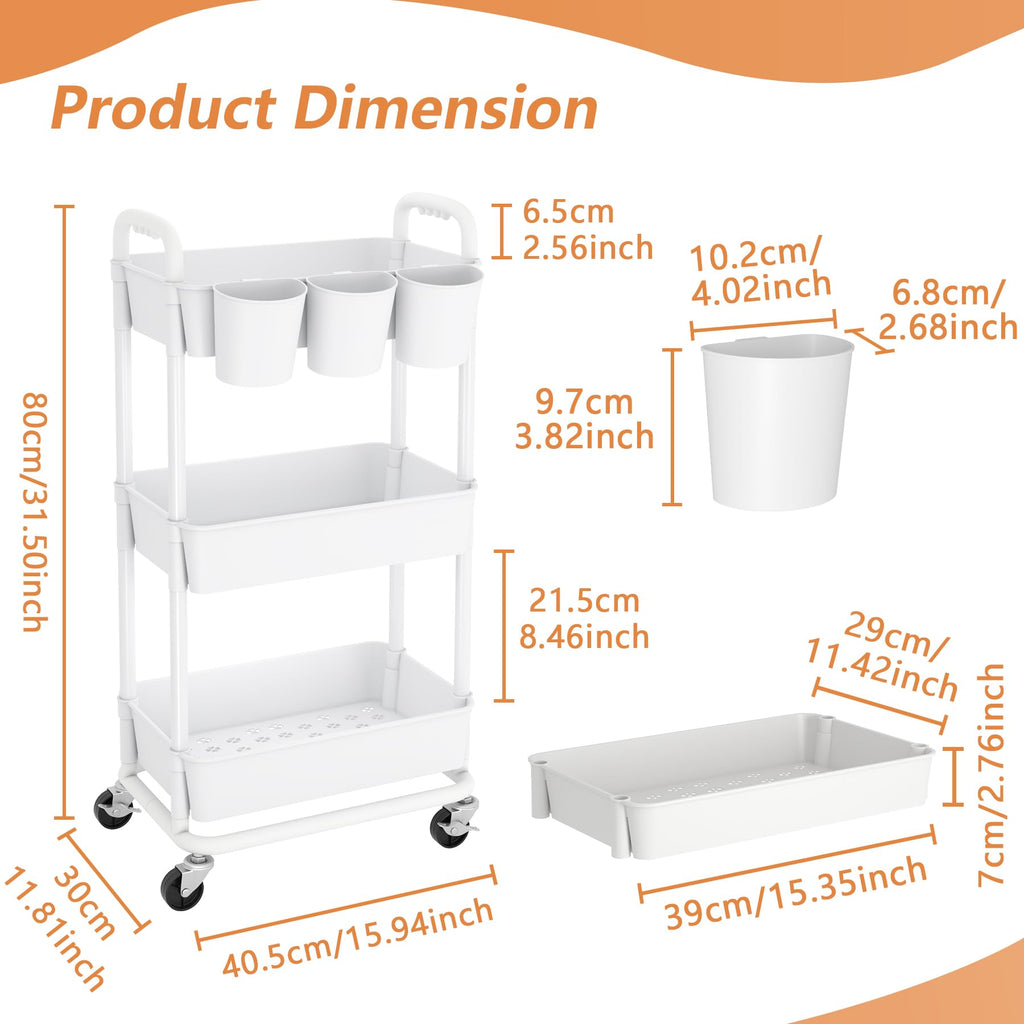 JIUYOTREE 3-Tier Plastic Rolling Storage Cart Utility Cart with Extra Hanging Cups Handles Lockable Wheels for Living Room Bathroom Kitchen Office White