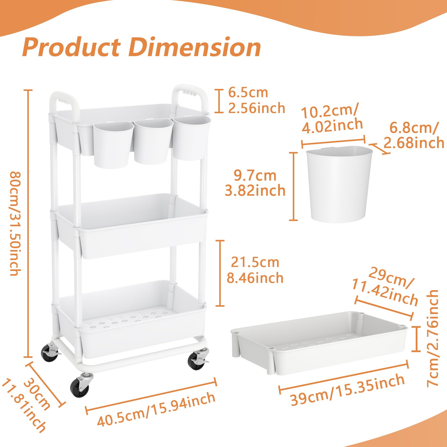 JIUYOTREE 3-Tier Plastic Rolling Storage Cart Utility Cart with Extra Hanging Cups Handles Lockable Wheels for Living Room Bathroom Kitchen Office White