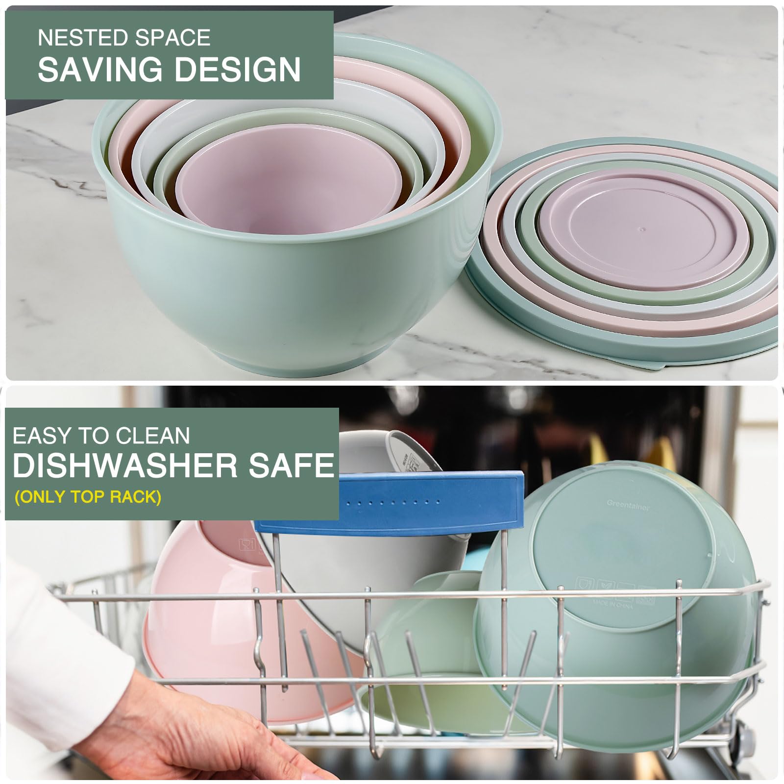 Greentainer Plastic Mixing Bowl Set with Lids for Kitchen, Nesting Storage Bowls for Baking, Prepping,Cooking and Serving Food, Dishwasher, Microwave Safe,Great for Mixing & Serving (5pcs Pink)