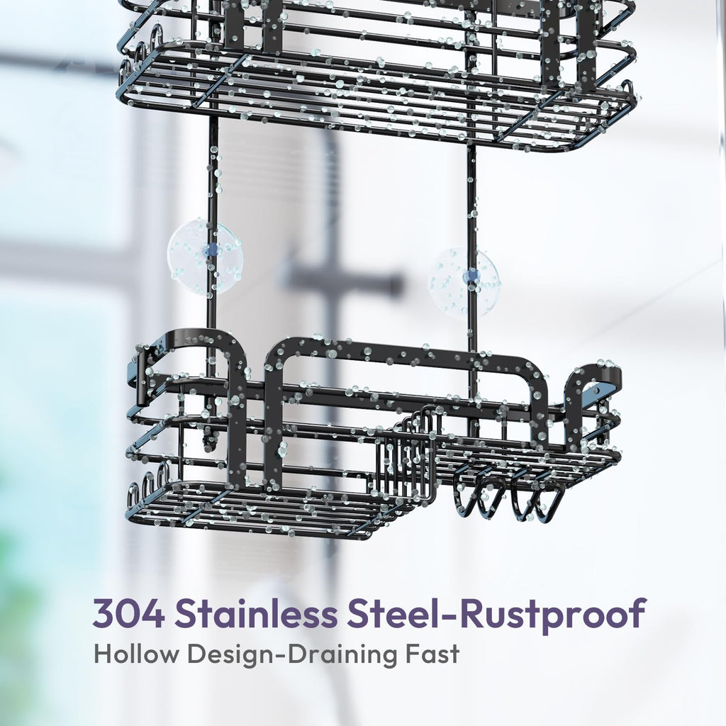 SWTYMIKI Shower Caddy Hanging - Over the Door Shower Caddy with Soap Holder, 11 Hooks, 2 Installation Ways, Stainless Steel Rustproof Shower Shelves, Black