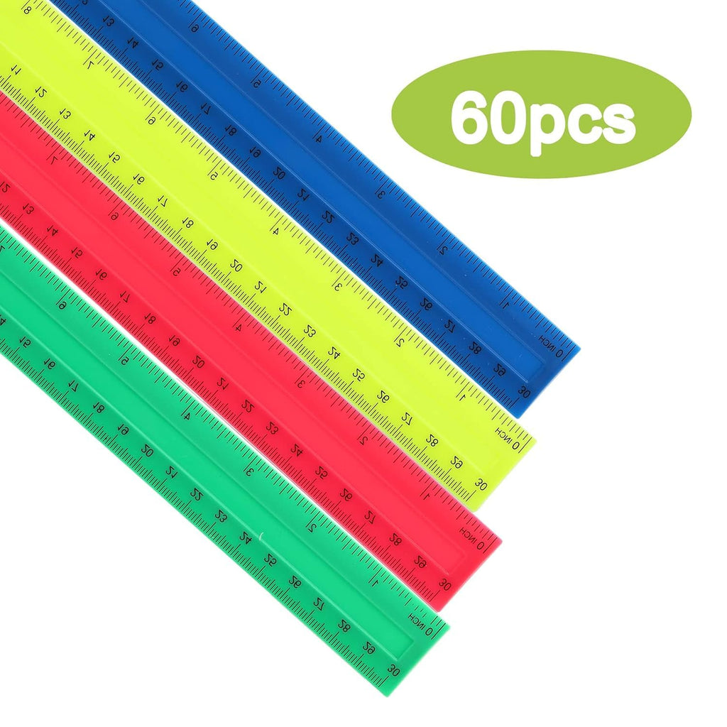ZOOFOX 60 Pack Plastic Straight Rulers, 12 Inch Plastic Ruler Measuring Tool for for Student School, Office, and Home