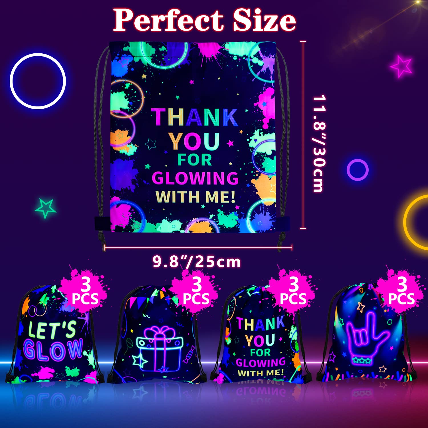 12 Pcs Neon Drawstring Gift Bags Glow Backpacks Goodie Bags Glow Party Supplies Favor Bags for Birthday Party Let’s Glow Party Decorations Glow in The Dark Party Supplies