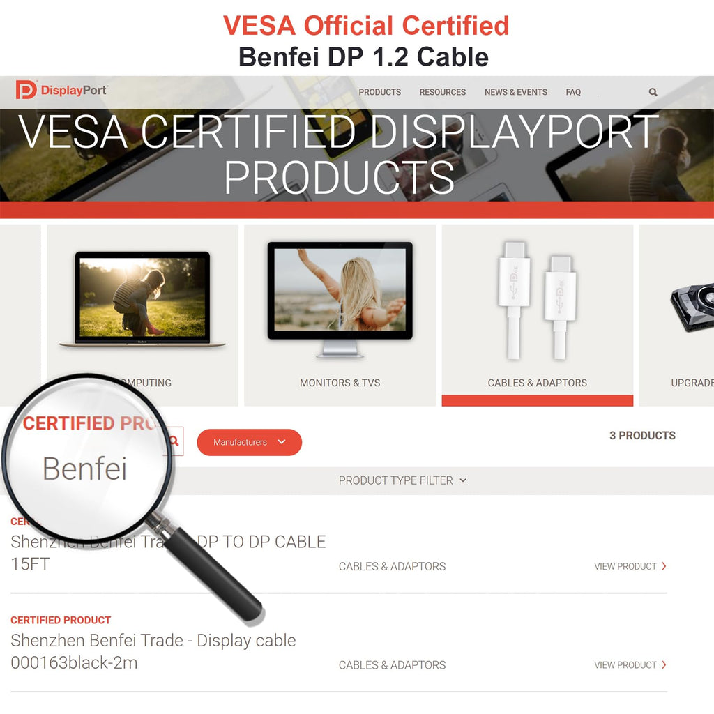 BENFEI [VESA Certified DisplayPort to DisplayPort 6 Feet Cable 2 Pack, DP to DP Male to Male Cable, Supports 4K@60Hz, 2K@165Hz Compatible for Lenovo, Dell, HP, ASUS