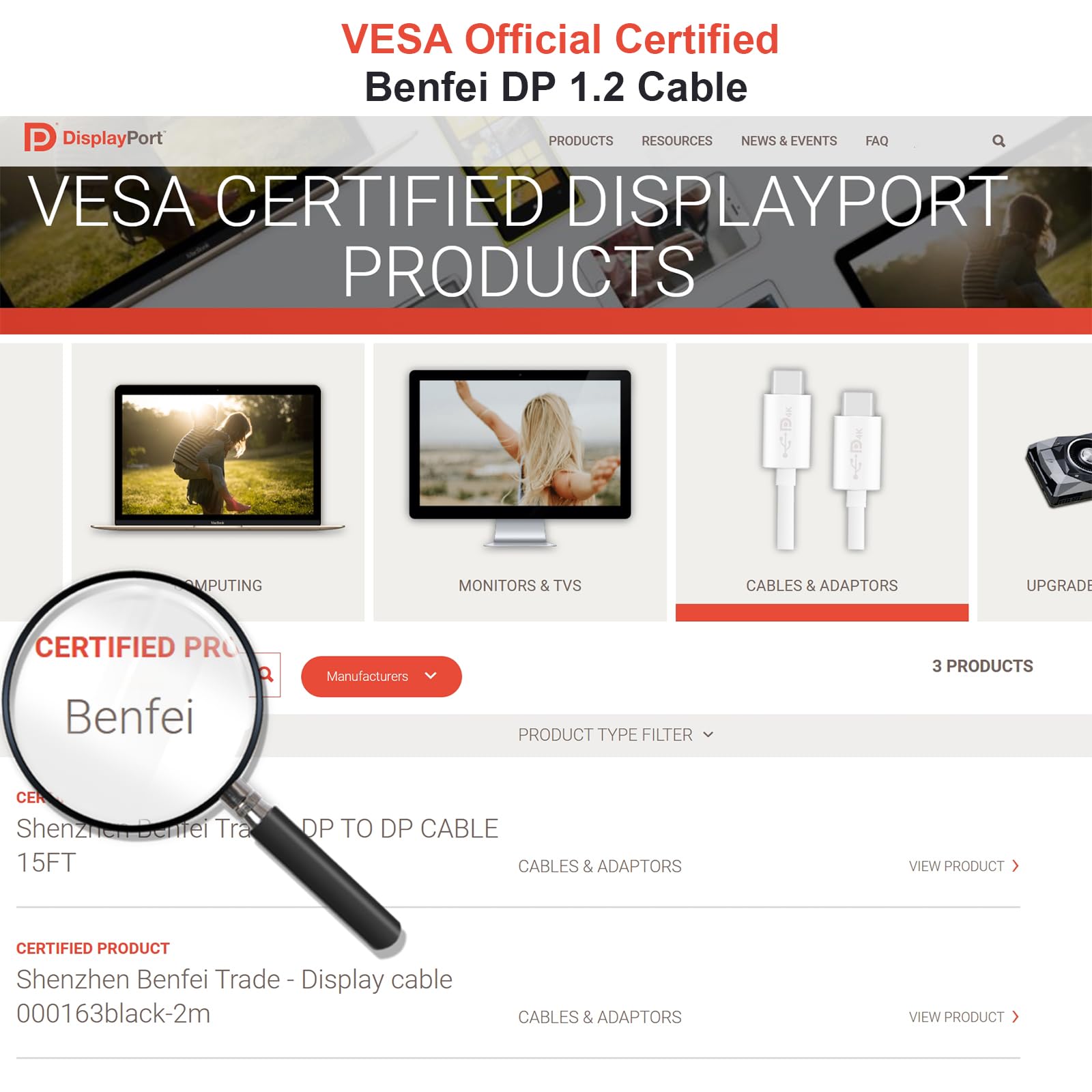BENFEI [VESA Certified DisplayPort to DisplayPort 6 Feet Cable 2 Pack, DP to DP Male to Male Cable, Supports 4K@60Hz, 2K@165Hz Compatible for Lenovo, Dell, HP, ASUS