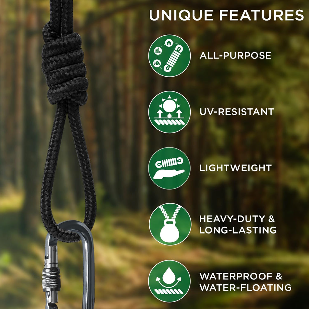 TECEUM Rope – 90 Feet x 3/8 Inch (10mm) – Black – Strong All-Purpose Utility Rope – Camping, Crafting, Flag Pole, Indoor & Outdoor – Polypropylene Nylon Poly Lightweight Diamond Braided Cord