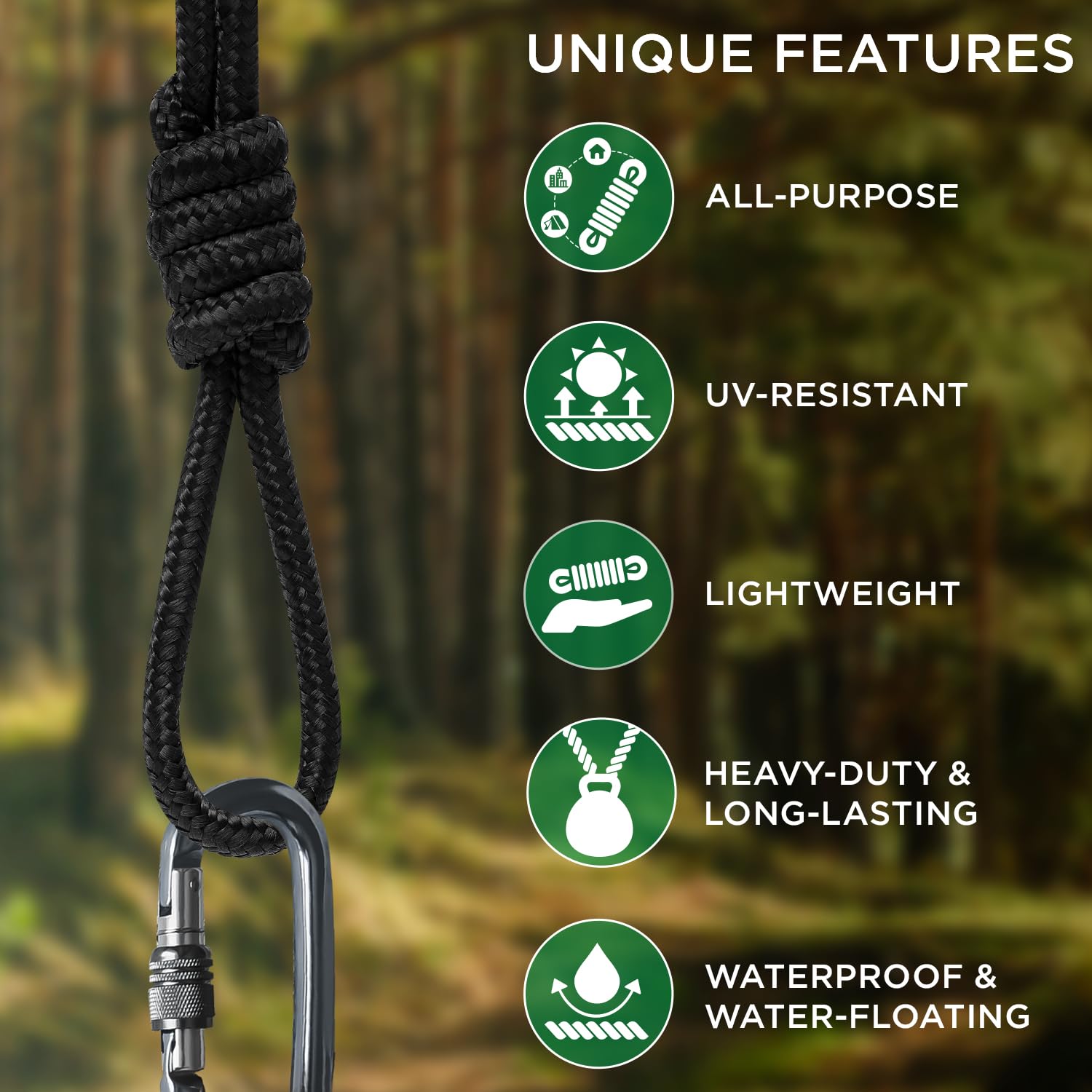 TECEUM Rope – 90 Feet x 3/8 Inch (10mm) – Black – Strong All-Purpose Utility Rope – Camping, Crafting, Flag Pole, Indoor & Outdoor – Polypropylene Nylon Poly Lightweight Diamond Braided Cord