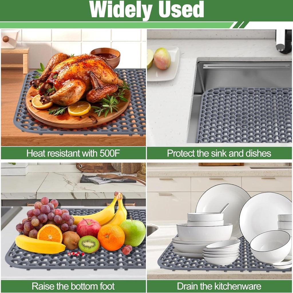 Inchoco Sink Protectors for Kitchen Sink Mat - 25.79"x13.98" Silicone Kitchen Sink Protector Mat for Protection of Stainless Steel Sink and Tableware, Farmhouse Sink Protector with Rear Drain (Grey)