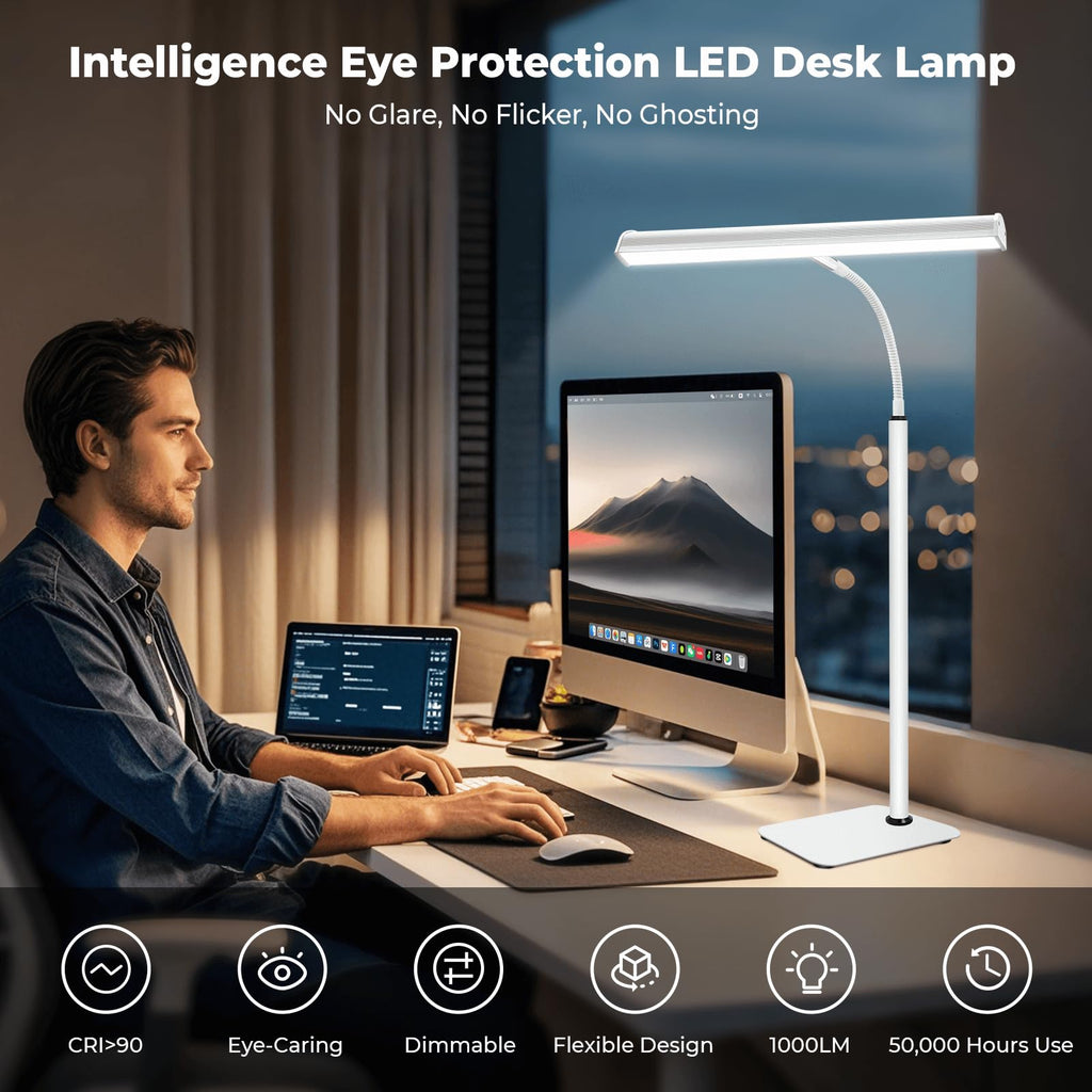 Desk Lamp for Home Office, Eye-Caring Architect LED Table Lamp, 3 Color Modes & 10 Brightness Level Desk Lamp, Adjustable Flexible Gooseneck, 21.5inch Tall Desk Light for Work Study Reading (White)