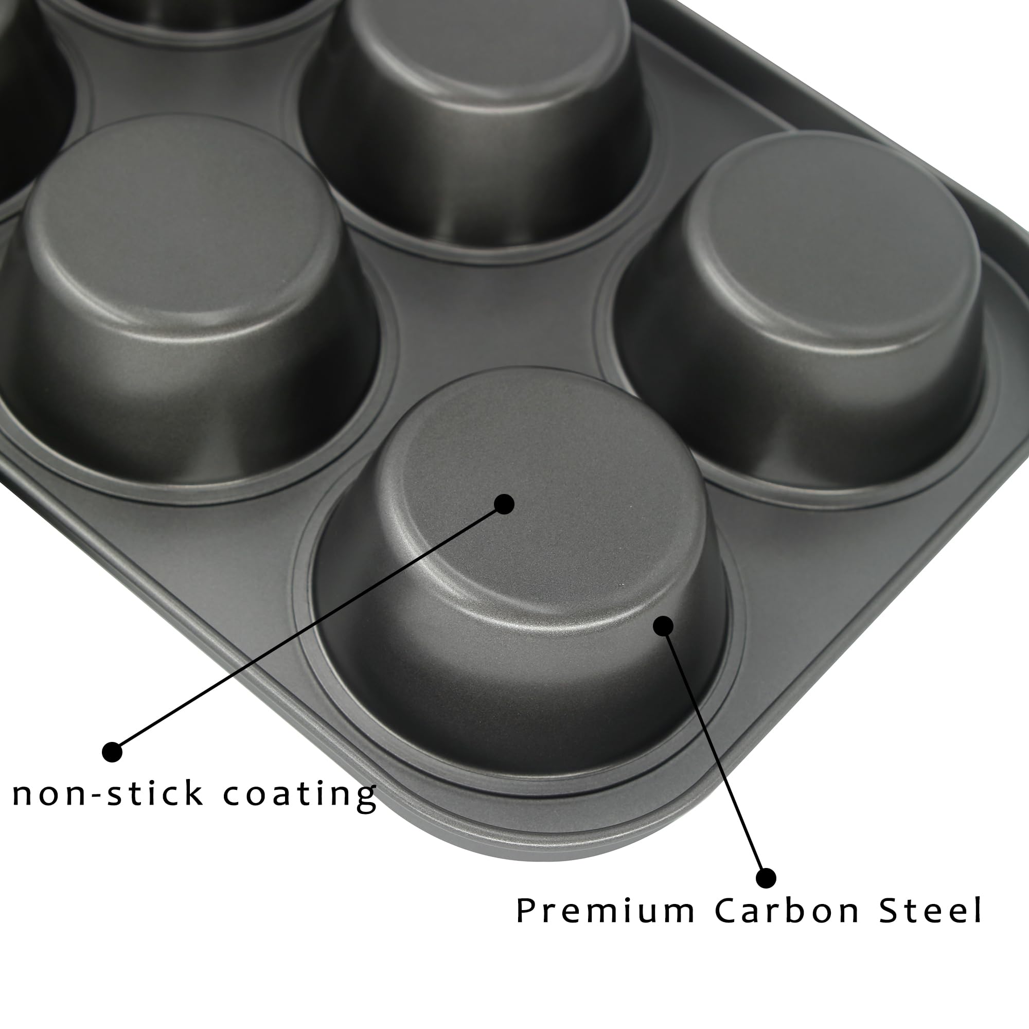 Bakexcel Non-Stick Jumbo Muffin Pans, 6-Cup Set of 2 Baking Pans with a Spatula for Extra-large Muffins & Cupcakes