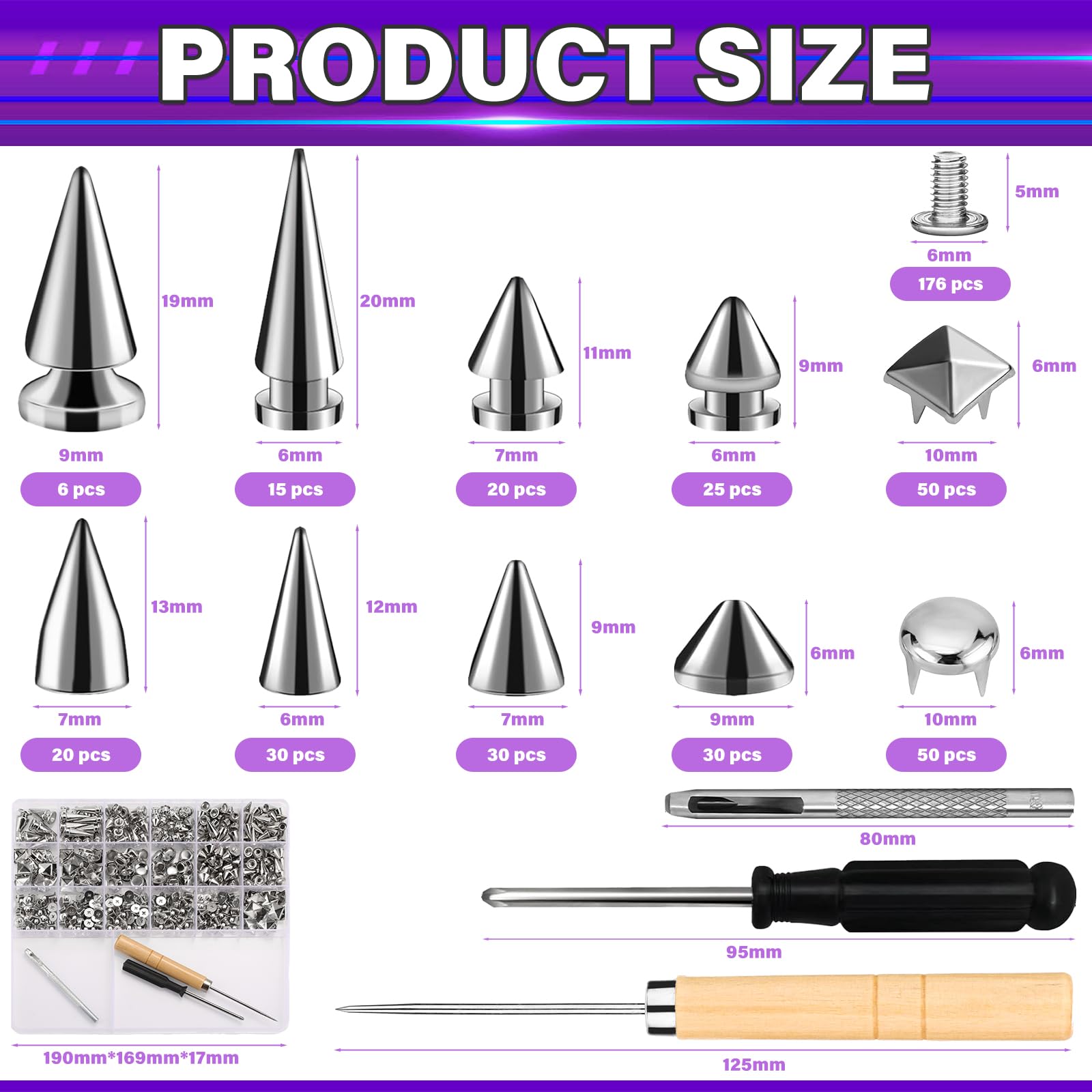 Jollidecor 455 PCS Punk Studs for Clothing, 10 Size Metal Spikes and Studs Leather Rivets for Craft, Square Pyramid Studs Round Dome Rivets DIY Punk Style Decoration for Clothes Shoes Belts Dog Collar