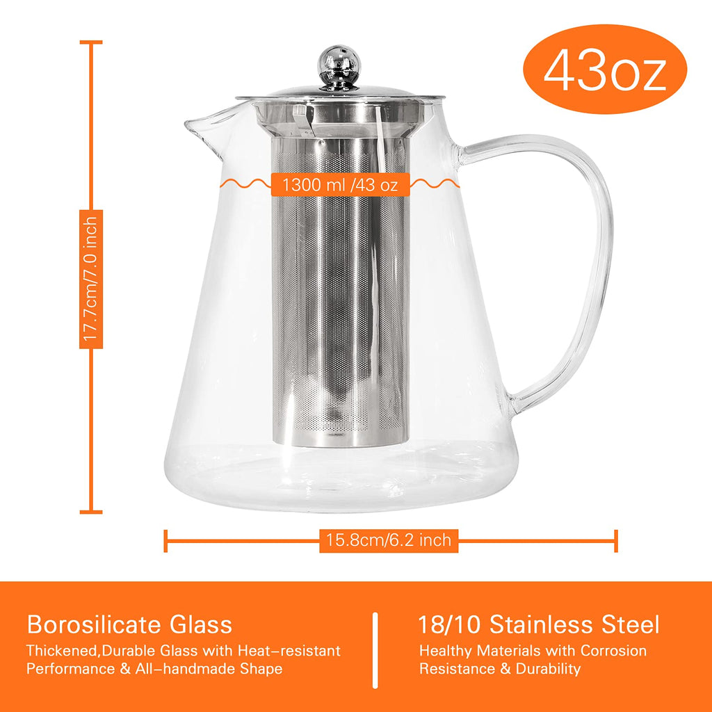 Glass Teapot with Stainless Steel Infuser,for Blooming Tea, Loose Tea, (43oz,1.3L) Holds 4-6 Cups, JOYEUX Glass Tea Pot Set, Stovetop & Dishwasher Safe